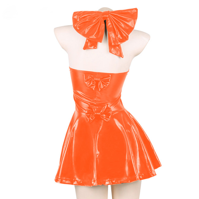 Sexy Japanese PU Leather Halter Neck Dress Sweet Sleeveless Backless Lolita Mini Dress Bowknot Maid Loli Harajuku Dress Clubwear