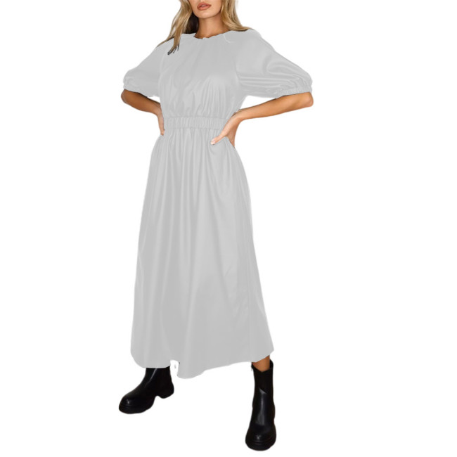 Puff Sleeve Dress PU Leather Skater Dress Women Waist Elastic Dress Long Dress  Lady Solid Color A-Line Dress Maxi Dress S-7XL