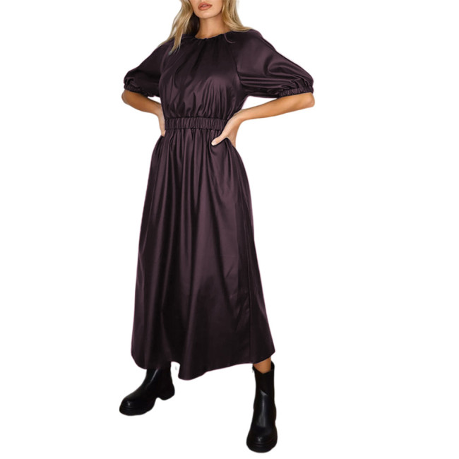 Puff Sleeve Dress PU Leather Skater Dress Women Waist Elastic Dress Long Dress  Lady Solid Color A-Line Dress Maxi Dress S-7XL