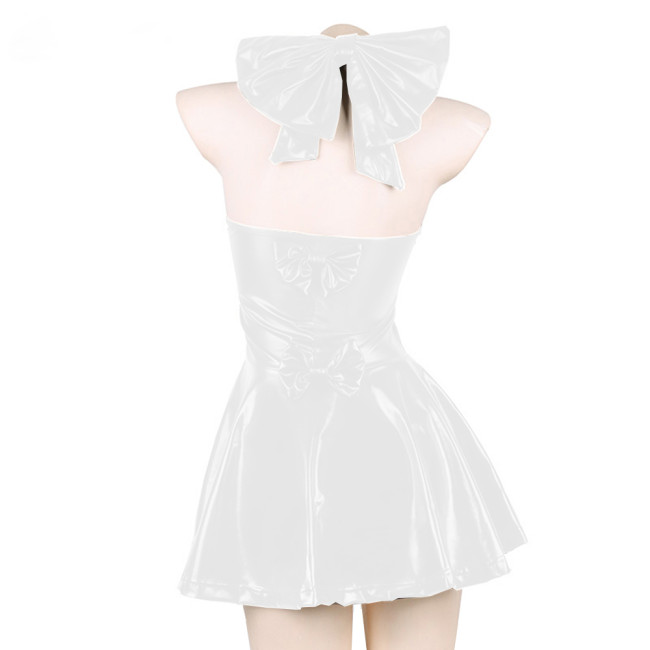 Sexy Japanese PU Leather Halter Neck Dress Sweet Sleeveless Backless Lolita Mini Dress Bowknot Maid Loli Harajuku Dress Clubwear