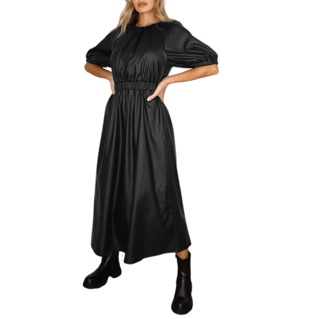Puff Sleeve Dress PU Leather Skater Dress Women Waist Elastic Dress Long Dress  Lady Solid Color A-Line Dress Maxi Dress S-7XL