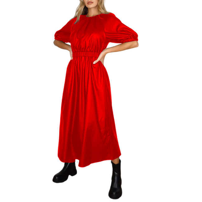 Puff Sleeve Dress PU Leather Skater Dress Women Waist Elastic Dress Long Dress  Lady Solid Color A-Line Dress Maxi Dress S-7XL