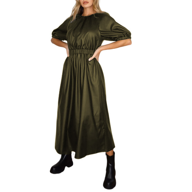 Puff Sleeve Dress PU Leather Skater Dress Women Waist Elastic Dress Long Dress  Lady Solid Color A-Line Dress Maxi Dress S-7XL