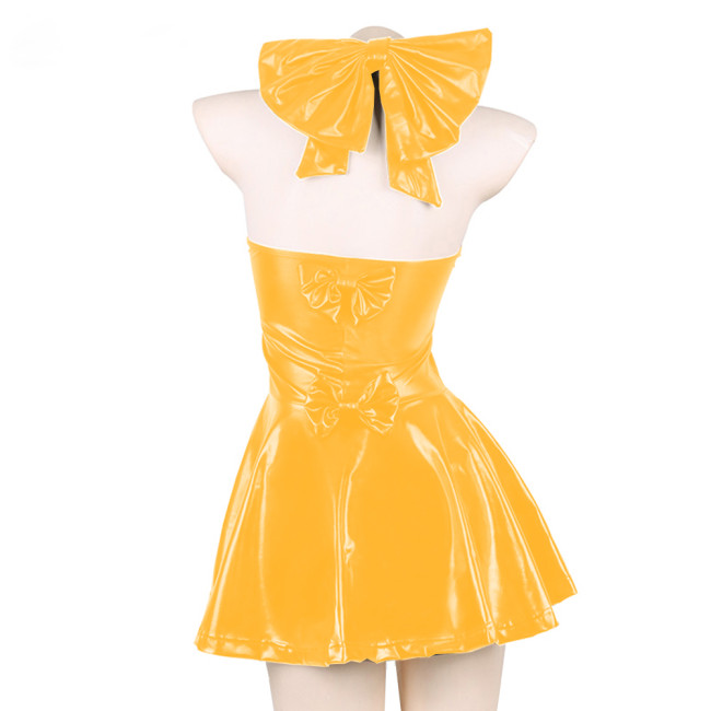 Sexy Japanese PU Leather Halter Neck Dress Sweet Sleeveless Backless Lolita Mini Dress Bowknot Maid Loli Harajuku Dress Clubwear