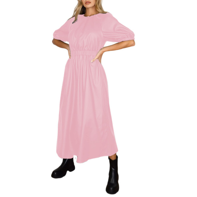 Puff Sleeve Dress PU Leather Skater Dress Women Waist Elastic Dress Long Dress  Lady Solid Color A-Line Dress Maxi Dress S-7XL