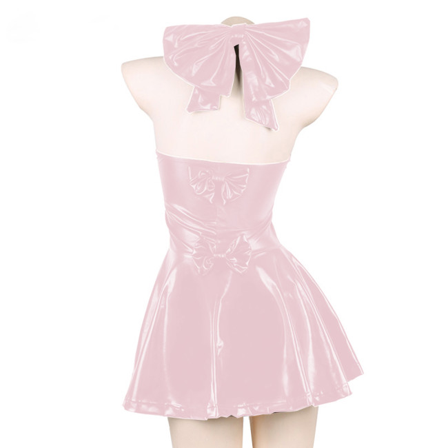 Sexy Japanese PU Leather Halter Neck Dress Sweet Sleeveless Backless Lolita Mini Dress Bowknot Maid Loli Harajuku Dress Clubwear