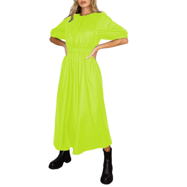 Puff Sleeve Dress PU Leather Skater Dress Women Waist Elastic Dress Long Dress  Lady Solid Color A-Line Dress Maxi Dress S-7XL