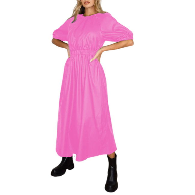 Puff Sleeve Dress PU Leather Skater Dress Women Waist Elastic Dress Long Dress  Lady Solid Color A-Line Dress Maxi Dress S-7XL