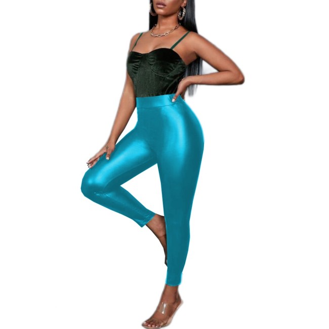 Women Shiny Metallic Pants High Waist Elastic Legging Sexy  Slim Pencil Trousers Vinyl Metallic Pants Leggings Club Outfit