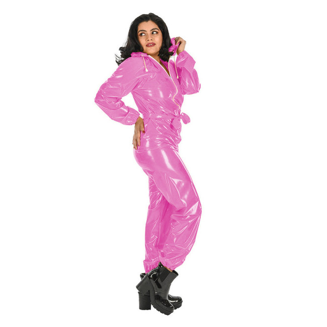 Transparent PVC Overalls Catsuits Women Waterproof Hooded Jumpsuits Gothic See Through Clear PVC Bloomers Jumpsuit With Belt