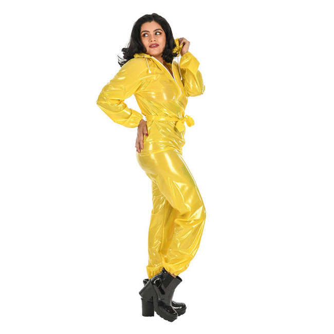 Transparent PVC Overalls Catsuits Women Waterproof Hooded Jumpsuits Gothic See Through Clear PVC Bloomers Jumpsuit With Belt