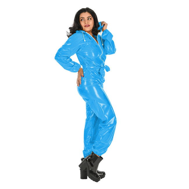 Transparent PVC Overalls Catsuits Women Waterproof Hooded Jumpsuits Gothic See Through Clear PVC Bloomers Jumpsuit With Belt