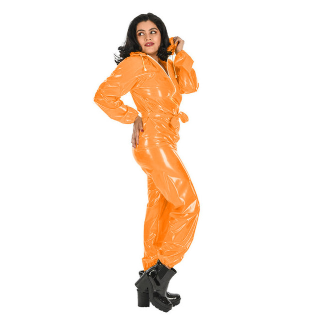 Transparent PVC Overalls Catsuits Women Waterproof Hooded Jumpsuits Gothic See Through Clear PVC Bloomers Jumpsuit With Belt