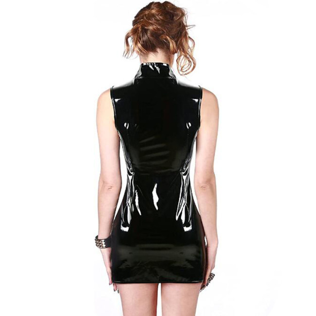 PVC Glossy Patent Leather Three Zippers Sleeveless Mini Dress Women High Collar Skinny Dress Nightclub Stage Bandage Clubwear