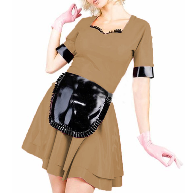 Womens Sexy Maid Short Sleeve Clubwear Patent Leather PVC Dress Sissy Cosplay Costume Wetlook summer Dress with Apron 7XL