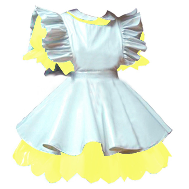 Exotic Maid Cosplay PVC Uniform Women WetLook PVC Short Puff Sleeve Mini Dress French Maid Costume Lolita Apron Dress 7XL
