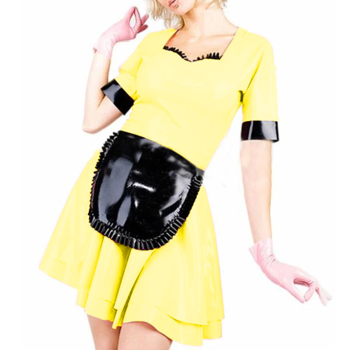 Womens Sexy Maid Short Sleeve Clubwear Patent Leather PVC Dress Sissy Cosplay Costume Wetlook summer Dress with Apron 7XL