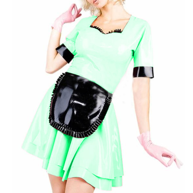 Womens Sexy Maid Short Sleeve Clubwear Patent Leather PVC Dress Sissy Cosplay Costume Wetlook summer Dress with Apron 7XL