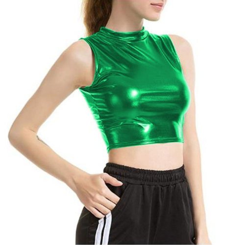 Plus Size Summer O-neck Mini Tops Women Fashion High Street Bodycon Tank Tops Shiny Metallic Dancing Crop Tops Sleeveless Vest