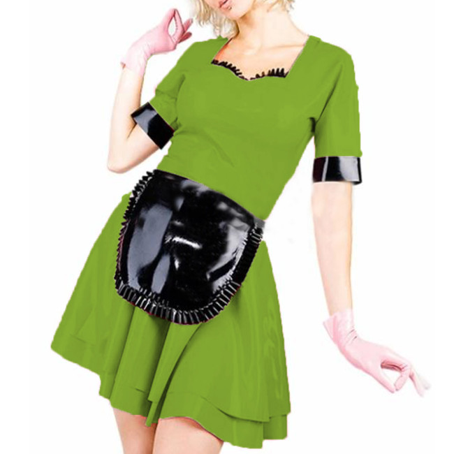 Womens Sexy Maid Short Sleeve Clubwear Patent Leather PVC Dress Sissy Cosplay Costume Wetlook summer Dress with Apron 7XL