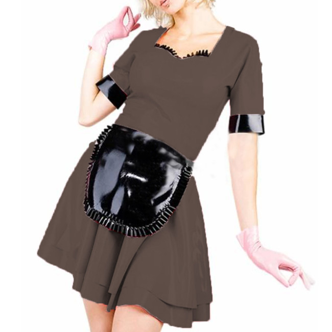 Womens Sexy Maid Short Sleeve Clubwear Patent Leather PVC Dress Sissy Cosplay Costume Wetlook summer Dress with Apron 7XL