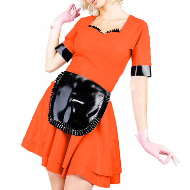 Womens Sexy Maid Short Sleeve Clubwear Patent Leather PVC Dress Sissy Cosplay Costume Wetlook summer Dress with Apron 7XL
