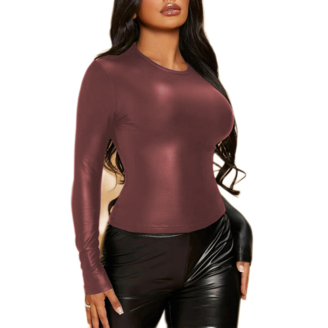 High Quality Women Solid Color Round Neck Tops Matte PU Leather Long Sleeve T-Shirt Ladies Streetwear Leisure Slim Fit Tops