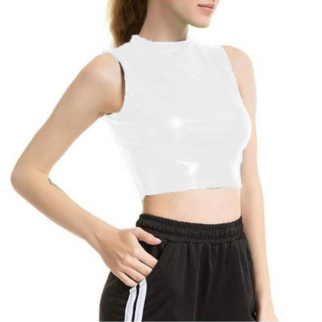 Plus Size Summer O-neck Mini Tops Women Fashion High Street Bodycon Tank Tops Shiny Metallic Dancing Crop Tops Sleeveless Vest