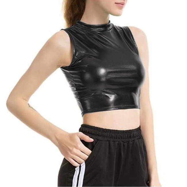 Plus Size Summer O-neck Mini Tops Women Fashion High Street Bodycon Tank Tops Shiny Metallic Dancing Crop Tops Sleeveless Vest