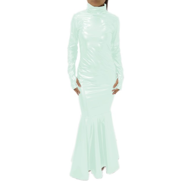 Elegant Mermaid PVC Dress Turtleneck Fishtail Faux Latex Dress Ruffle Edge Gown Long Sleeves With Mittens Party Night Clubwear