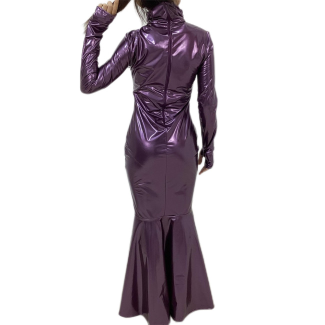 Elegant Mermaid PVC Dress Turtleneck Fishtail Faux Latex Dress Ruffle Edge Gown Long Sleeves With Mittens Party Night Clubwear