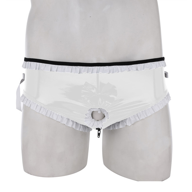 Sexy Mens Sissy Panties White Frills Fetish PVC Leather Briefs  With Penis Hole Wet Look Erotic Sexy Gay Homme Underwear Panties