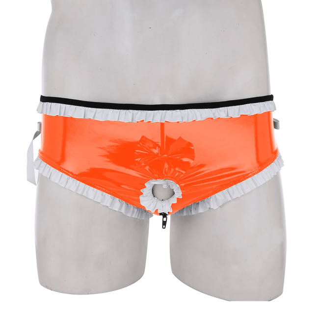 Sexy Mens Sissy Panties White Frills Fetish PVC Leather Briefs  With Penis Hole Wet Look Erotic Sexy Gay Homme Underwear Panties