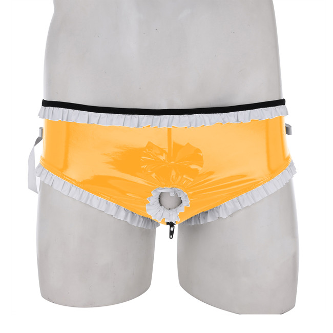 Sexy Mens Sissy Panties White Frills Fetish PVC Leather Briefs  With Penis Hole Wet Look Erotic Sexy Gay Homme Underwear Panties