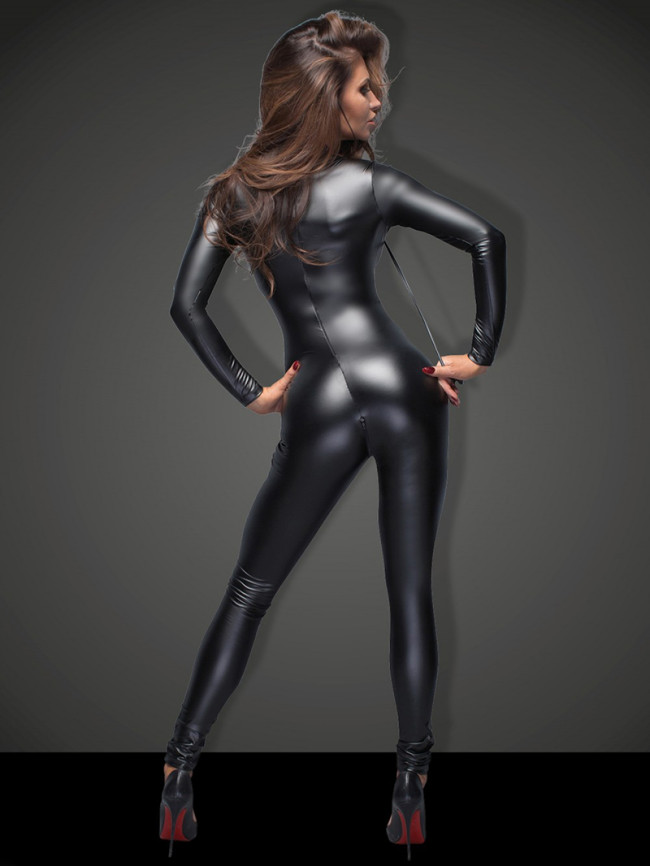 Plus Size Black Long Sleeve Bodysuit Exotic Skinny Jumpsuit Sexy Zipper Open Crotch Catsuit Lady Novelty Party Clubwear