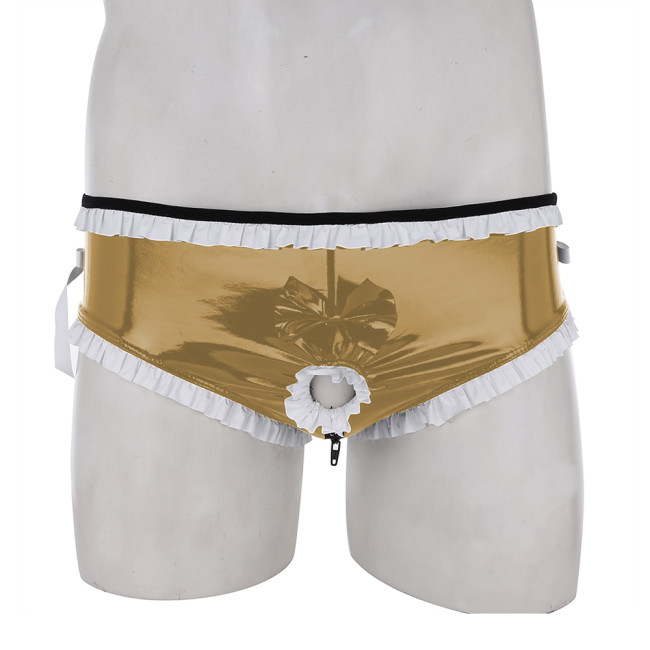 Sexy Mens Sissy Panties White Frills Fetish PVC Leather Briefs  With Penis Hole Wet Look Erotic Sexy Gay Homme Underwear Panties