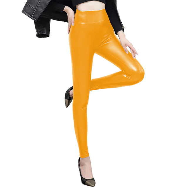 Street Summer Women Faux Leather Matte Solid Pants High Waist Elastic Band Butt Lift Sexy Stretch Trousers Custom Slim Leggings