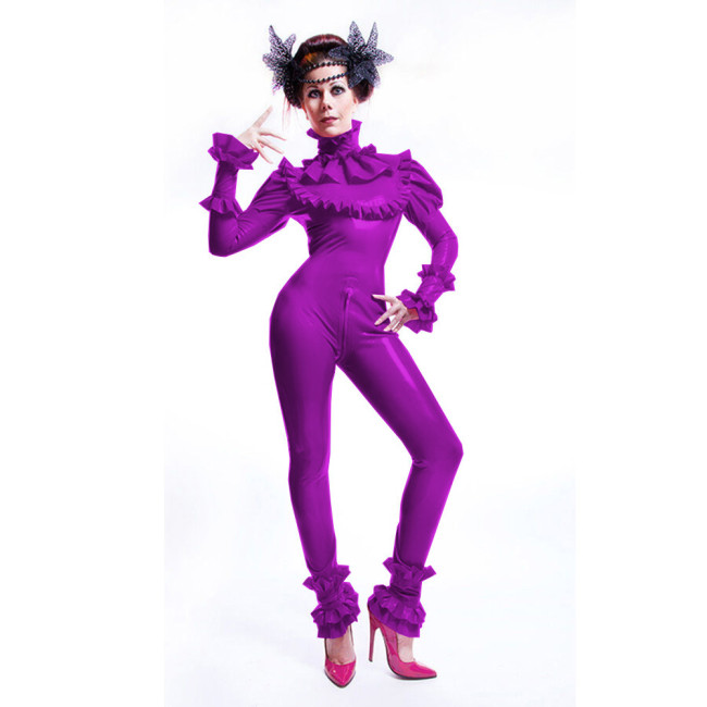 Shiny PVC Leather Bodysuit solid color With Frills Catsuit Sexy Turtle Neck Bodysuit Puffed Sleeves Party Rompers Cosplay 7XL
