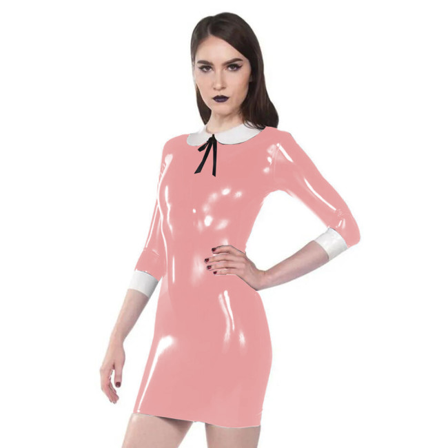 Half Sleeve PVC Doll collar Sheath dress Cute Patent Leather Party Clubwear Plus Size Event outfit Vinyl Gothic Halloween Dress