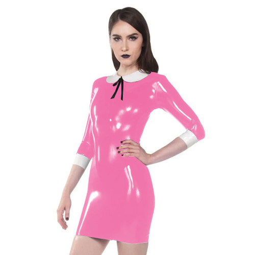 Half Sleeve PVC Doll collar Sheath dress Cute Patent Leather Party Clubwear Plus Size Event outfit Vinyl Gothic Halloween Dress