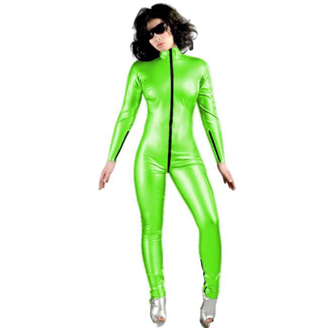 Turtleneck Sport Wear Casual Jumpsuit Women Faux Leather long sleeves Skinny Sexy Playsuit Wet Look PVC Female Fitness Rompers