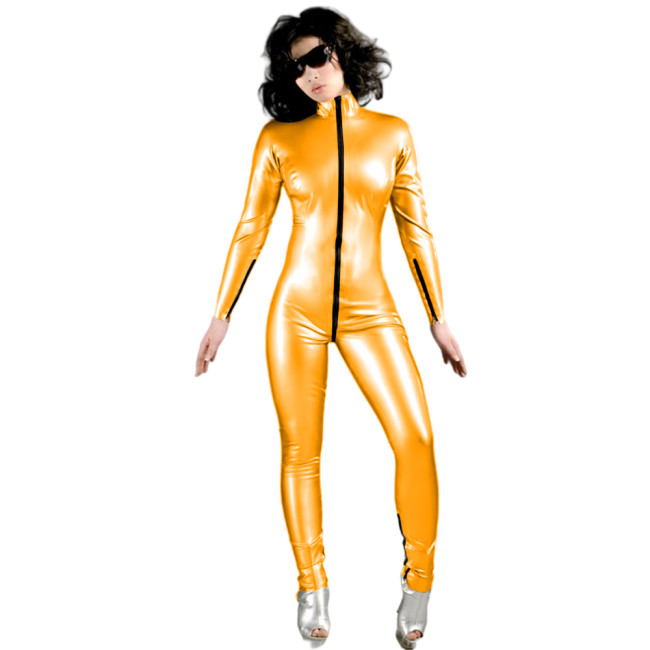 Turtleneck Sport Wear Casual Jumpsuit Women Faux Leather long sleeves Skinny Sexy Playsuit Wet Look PVC Female Fitness Rompers