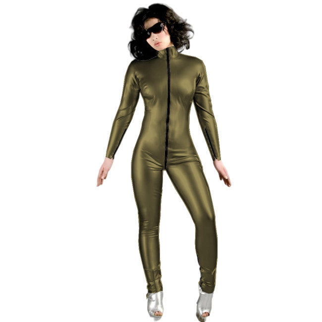 Turtleneck Sport Wear Casual Jumpsuit Women Faux Leather long sleeves Skinny Sexy Playsuit Wet Look PVC Female Fitness Rompers