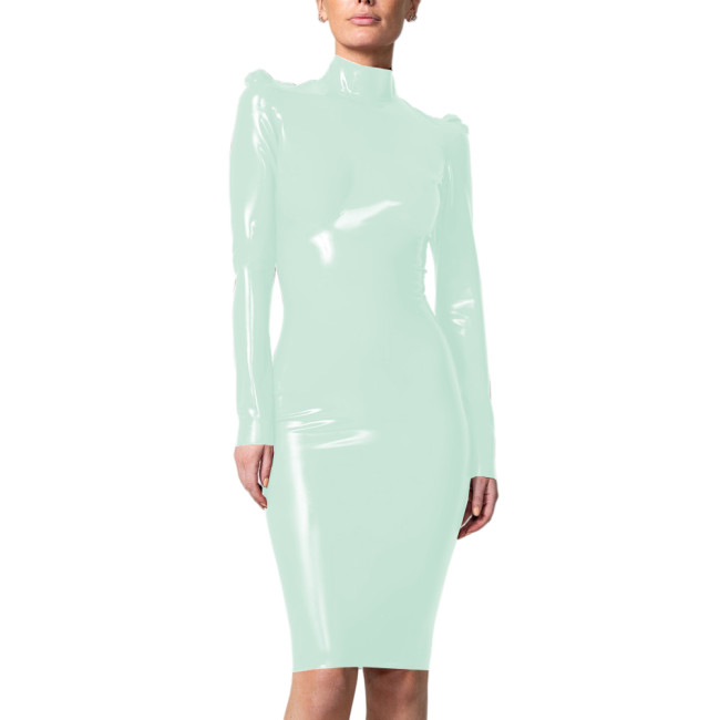 Women Elegant Shiny PVC leather Dress Puff Shoulder Bodycon Midi Dress Wet Look Office Lady Turtleneck Pencil Long Dress Custom