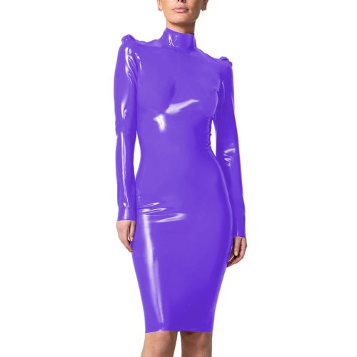 Women Elegant Shiny PVC leather Dress Puff Shoulder Bodycon Midi Dress Wet Look Office Lady Turtleneck Pencil Long Dress Custom
