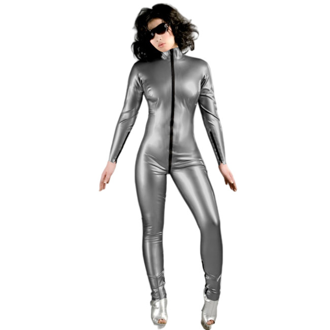 Turtleneck Sport Wear Casual Jumpsuit Women Faux Leather long sleeves Skinny Sexy Playsuit Wet Look PVC Female Fitness Rompers