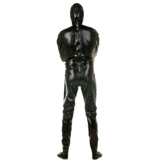 Men's Lockable PVC Leather Catsuit Two Side Shiny Faux Leather Bondage Bodysuit With Mask Open Eyes Mouth Split Leg Mummy Zentai