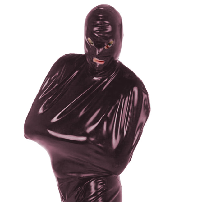 Men's Lockable PVC Leather Catsuit Two Side Shiny Faux Leather Bondage Bodysuit With Mask Open Eyes Mouth Split Leg Mummy Zentai