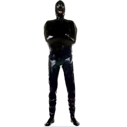 Men's Lockable PVC Leather Catsuit Two Side Shiny Faux Leather Bondage Bodysuit With Mask Open Eyes Mouth Split Leg Mummy Zentai