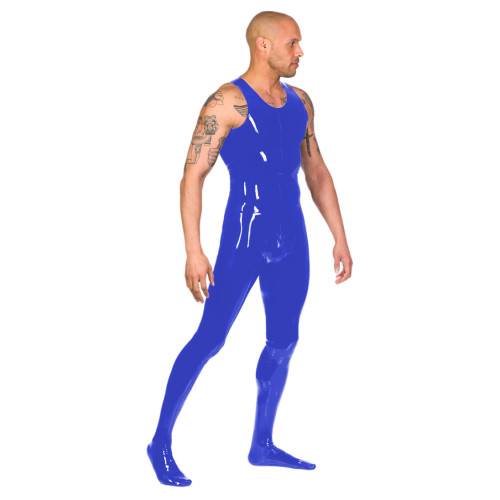 Glossy PVC Leather Catsuit Mens Tank Faux Latex Bodysuit With Zip Back Through Crotch Catsuit Attached Socks Fetish Clubwear